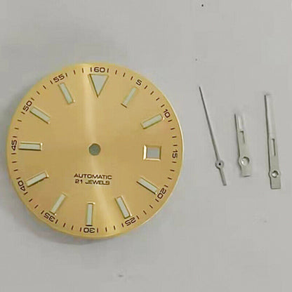 Blue luminous 30.6MM watch dial with hands, compatible with 2813 Miyota 8215 movements, for precise timekeeping.