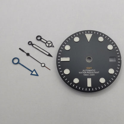 Montre GMT MOD 29 mm, cadran noir, vert lumineux, compatible avec NH34, avec aiguilles