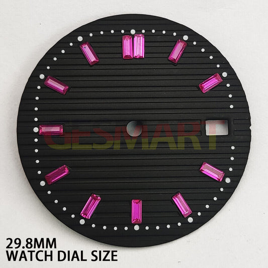 29.8mm black watch dial with pink imitation gemstone, designed for NH35 movement, perfect for stylish repairs.