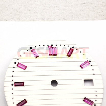 Pink imitation gemstone accented white watch dial, 29.8mm for NH35 movement.