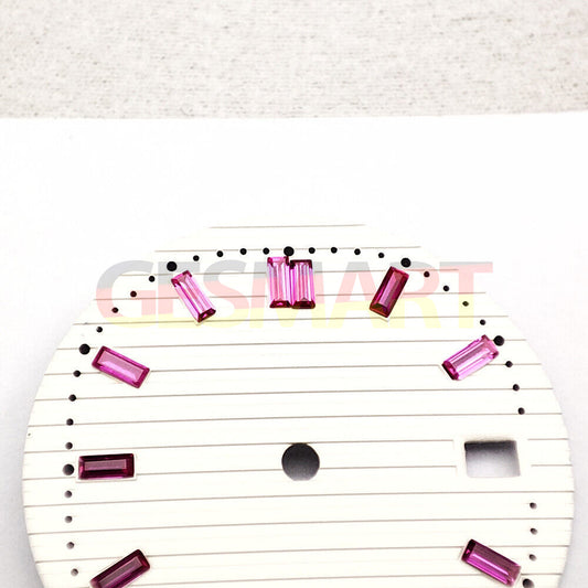 Pink imitation gemstone accented white watch dial, 29.8mm for NH35 movement.