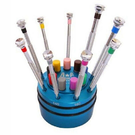 A*F 189.768 set of 9 precision screwdrivers with spare blades and sturdy base for watch accessory repair.
