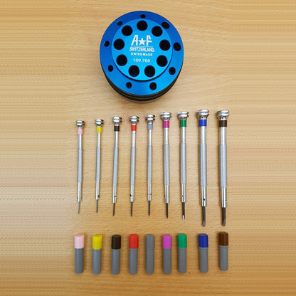 AF 189.768 set of 9 precision screwdrivers with spare blades and base for detailed watch repair tasks by AF.