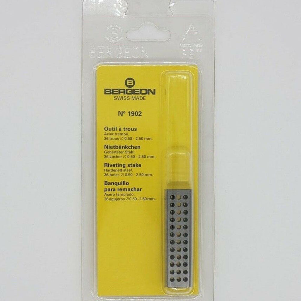 Bergeon 1902 steel staking block for precise riveting in watch accessory repairs, durable and reliable.