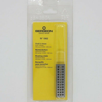 Bergeon 1902 steel staking block for precise riveting in watch accessory repairs, durable and reliable.