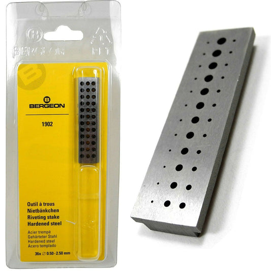 Bergeon 1902 staking block steel for precise riveting in watch accessory repairs.