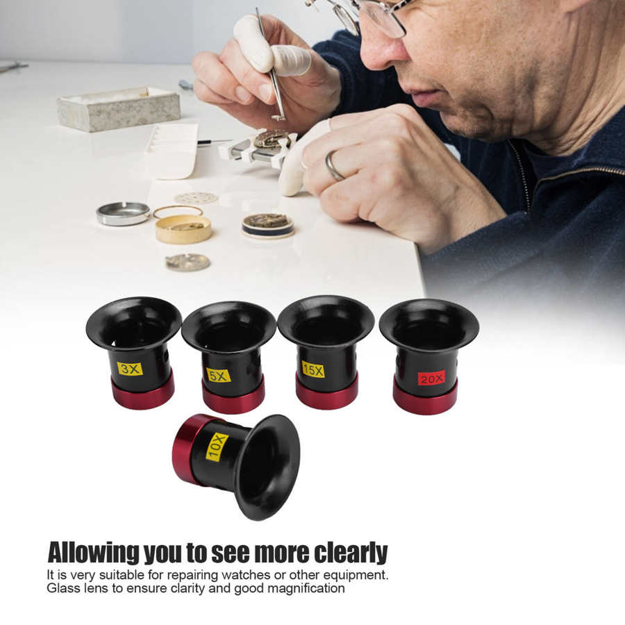 Set of 5 aluminum alloy magnifiers with 3x-20x lenses for detailed watch accessory inspection.