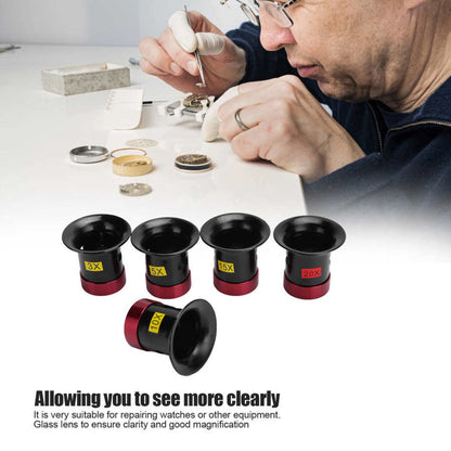 Set of 5 aluminum alloy magnifiers with 3x-20x lenses for detailed watch accessory inspection.