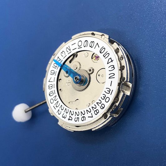 DG2813 silver automatic watch movement with 4 hands, adjustable 24-hour GMT, ideal for precision timekeeping.