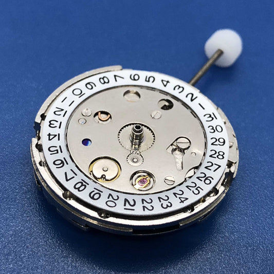 DG2813 watch movement close-up showing automatic mechanical design with date and dual balance wheels.