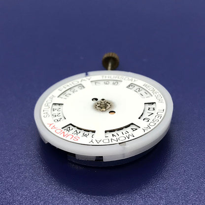 DG2813 automatic mechanical watch movement with day-date display, silver finish. Ideal for watch repairs.