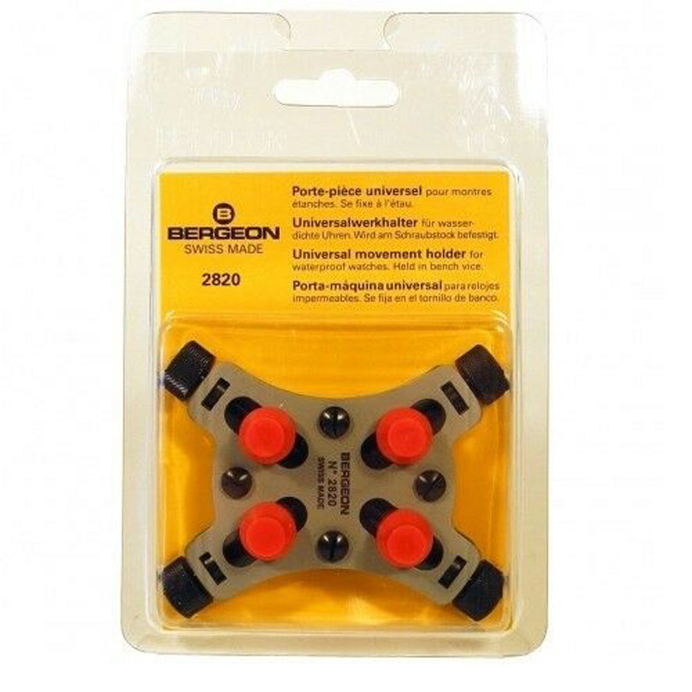 Bergeon 2820 Universal Vice securing a waterproof watch up to 44mm for accurate repair work.