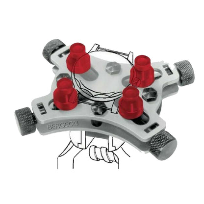 Bergeon 2820 Universal Vice securing waterproof watch up to 44mm for precise repair work.