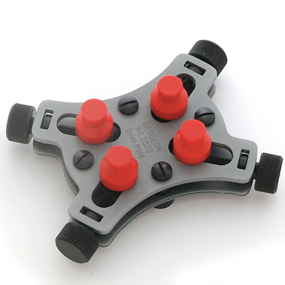 Bergeon 2820 Universal Vice securing a waterproof watch up to 44mm for precise watch repair work.