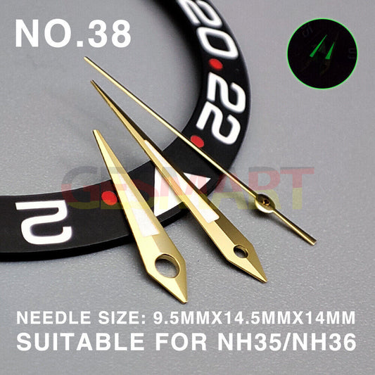 Arrow-shaped golden trim watch hands with lume, 14mm size, compatible with Miyota NH35/NH36/NH38 movements.