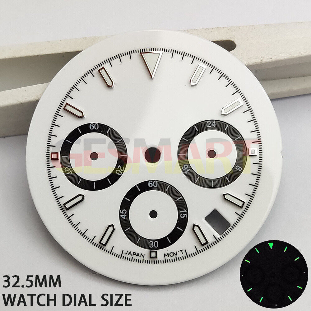 Green luminous matted white watch dial for VK63 quartz movement, enhancing visibility and style.