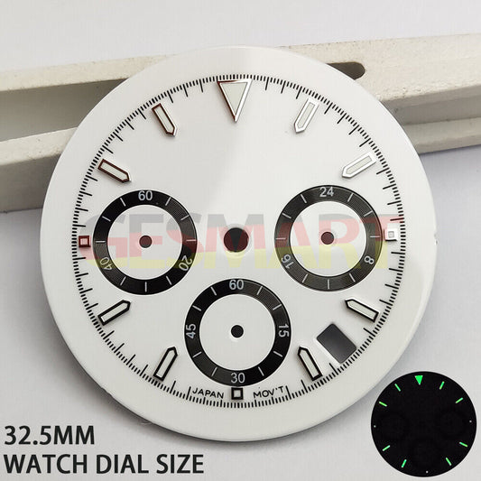 Green luminous matted white watch dial for VK63 quartz movement, enhancing visibility and style.