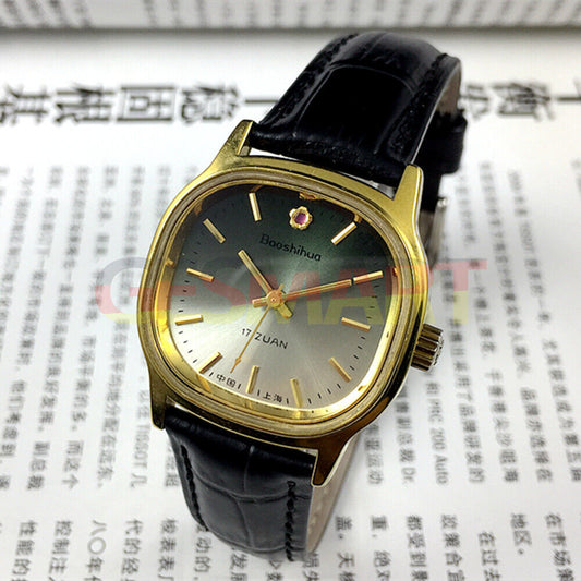 Shanghai 34mm manual mechanical watch with golden nail markers, green dial, round case, 17 jewels.