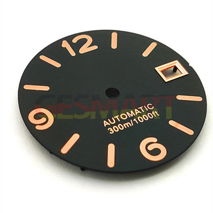 Green luminous watch dial with orange numbers for NH35 NH36 movement, compatible with various watches.
