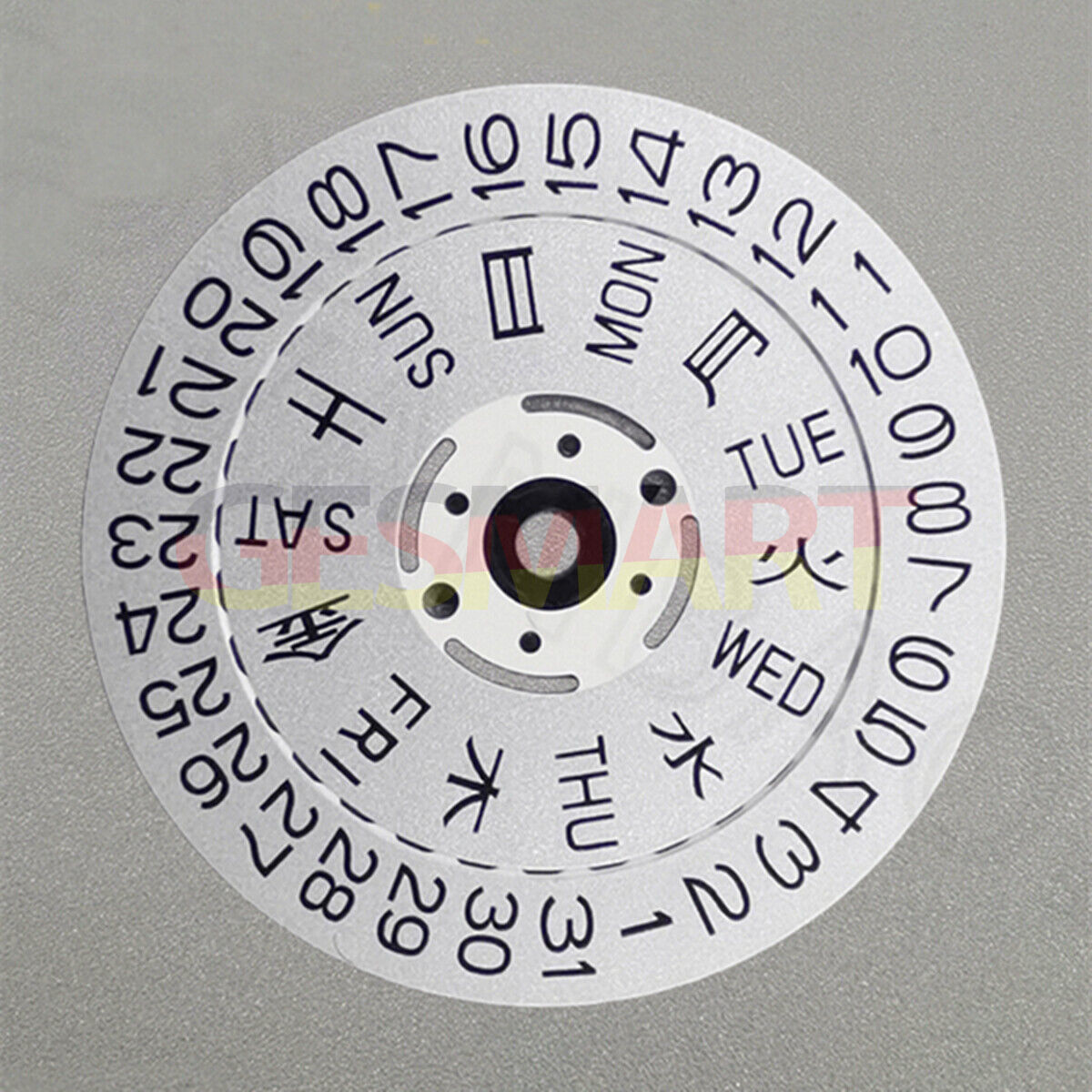 Silver font date disk wheel for NH36 watch movement, crown position 3.8/3, precision replacement part.