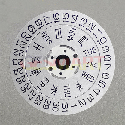 Silver font date disk wheel for NH36 watch movement, crown position 3.8/3, precision replacement part.