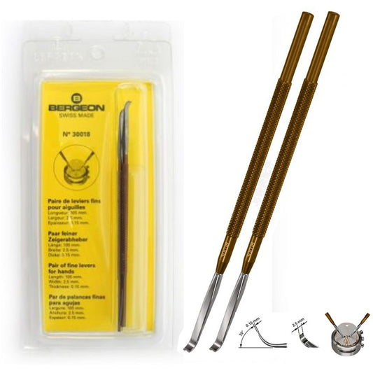 Bergeon 30018 watch hand lifting levers, precise tool pair for professional watchmakers' repairs and adjustments.