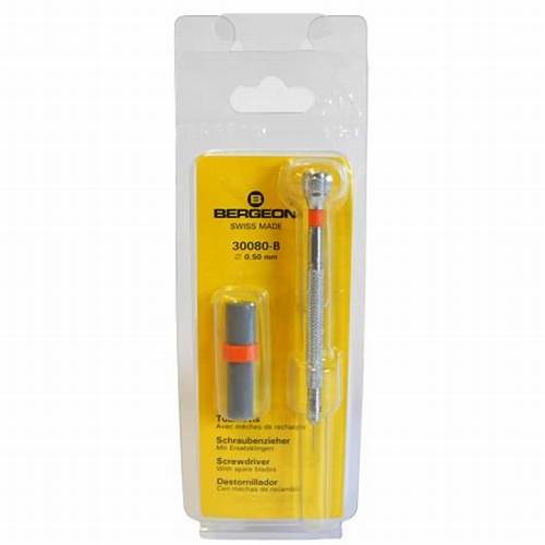 Bergeon 30080-B precision 0.50mm orange screwdriver with spare blades for watch repair.