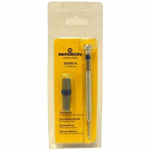 Bergeon 30080-K blue screwdriver 2.50mm with spare blades for precise watch accessory repairs.