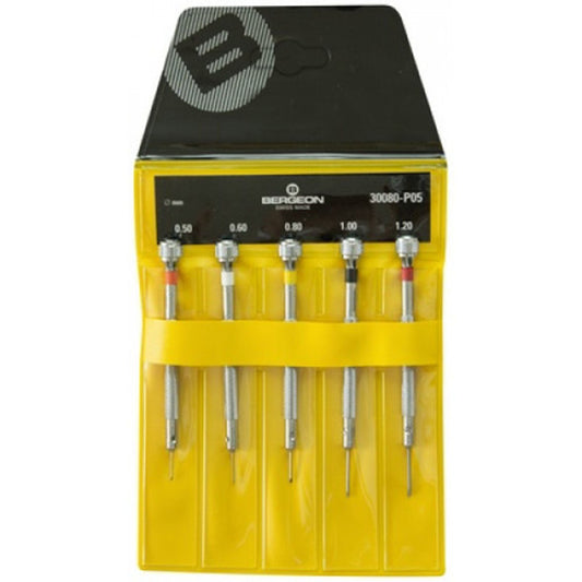 Bergeon 30080-P05 set of 5 watchmakers screwdrivers in black pouch for precise watch repair.