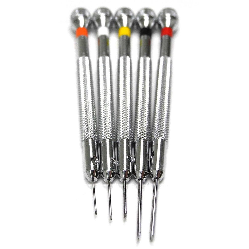 Bergeon 30080-P05 set of 5 precision screwdrivers in black pouch for detailed watch repair tasks.