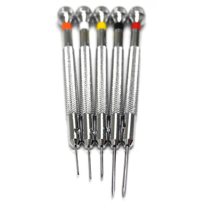 Bergeon 30080-P05 set of 5 precision screwdrivers in black pouch for detailed watch repair tasks.