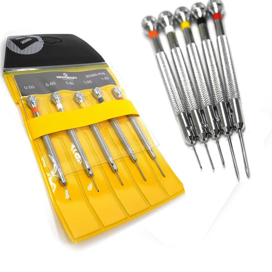 Bergeon 30080-P05 set of 5 watchmakers screwdrivers in black pouch for precise watch repair.