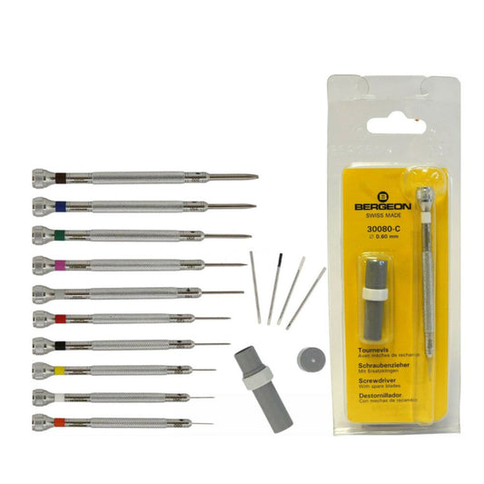 Bergeon 30080 precision screwdriver set with spare blades 0.50-3.0mm for watch repair.