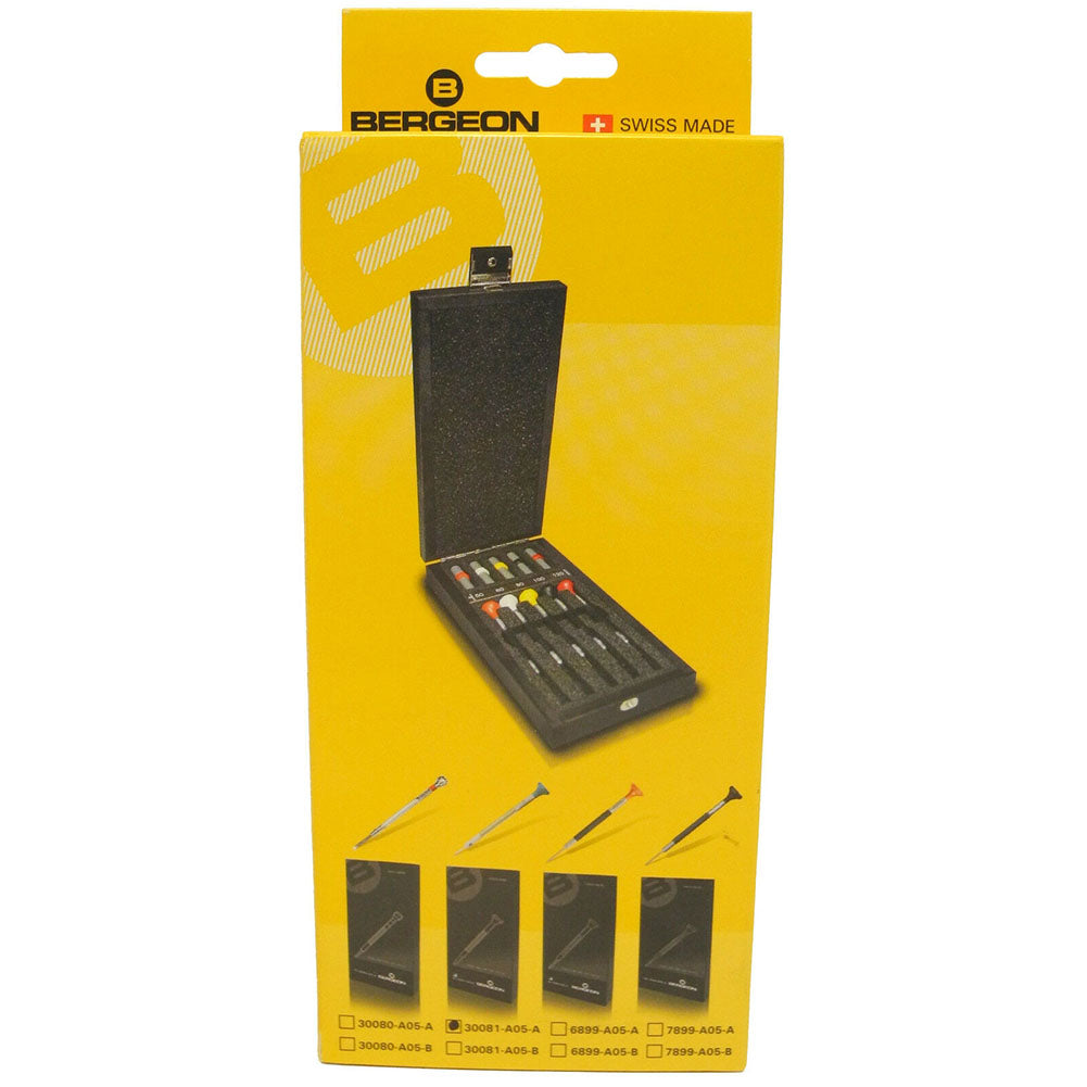 Bergeon 30081-A05 ergonomic watch screwdriver set with 5 precision tools for detailed watch repair tasks.
