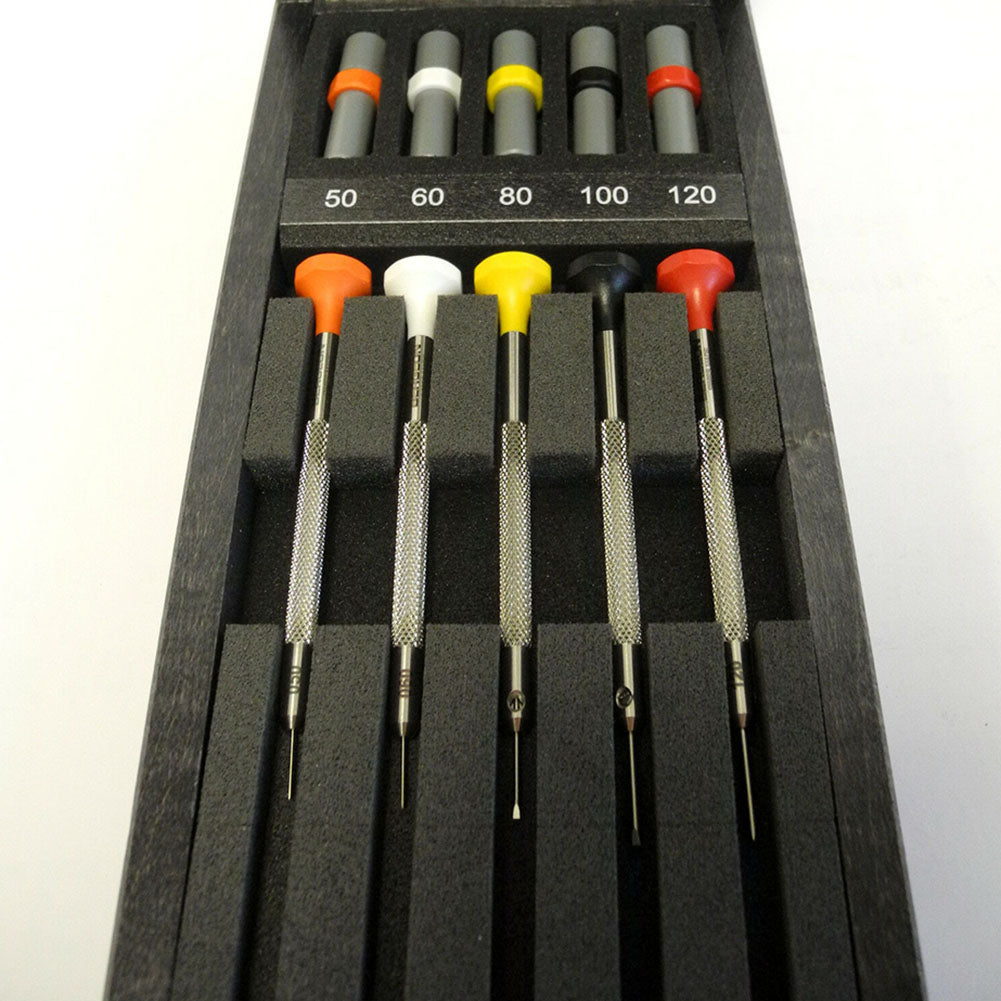 Bergeon 30081-A05 ergonomic watch screwdriver set featuring 5 precision tools for detailed watch repair tasks.