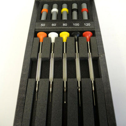Bergeon 30081-A05 ergonomic watch screwdriver set featuring 5 precision tools for detailed watch repair tasks.