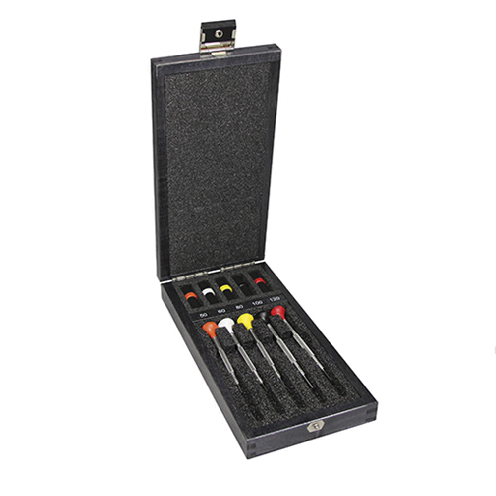 Bergeon 30081-A05 ergonomic watch screwdriver set with 5 precision tools for watch repair.