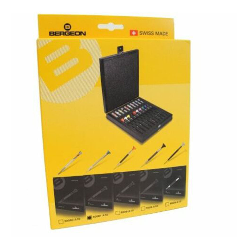 Bergeon 30081-A10 precision screwdriver set with ergonomic handles, ideal for watch repair tasks.