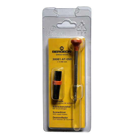 Bergeon 30081-AT-050 ergonomic 0.50mm screwdriver for precise watch accessory repairs with spare blades.