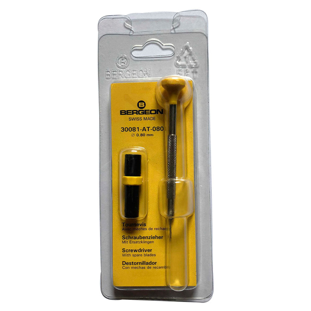 Bergeon 30081-AT-080 ergonomic screwdriver 0.80mm with spare blades for precision watch repairs.