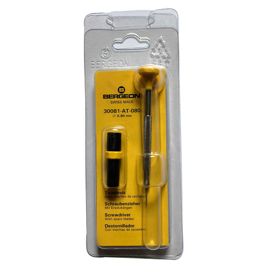 Bergeon 30081-AT-080 ergonomic screwdriver 0.80mm with spare blades for precision watch repairs.