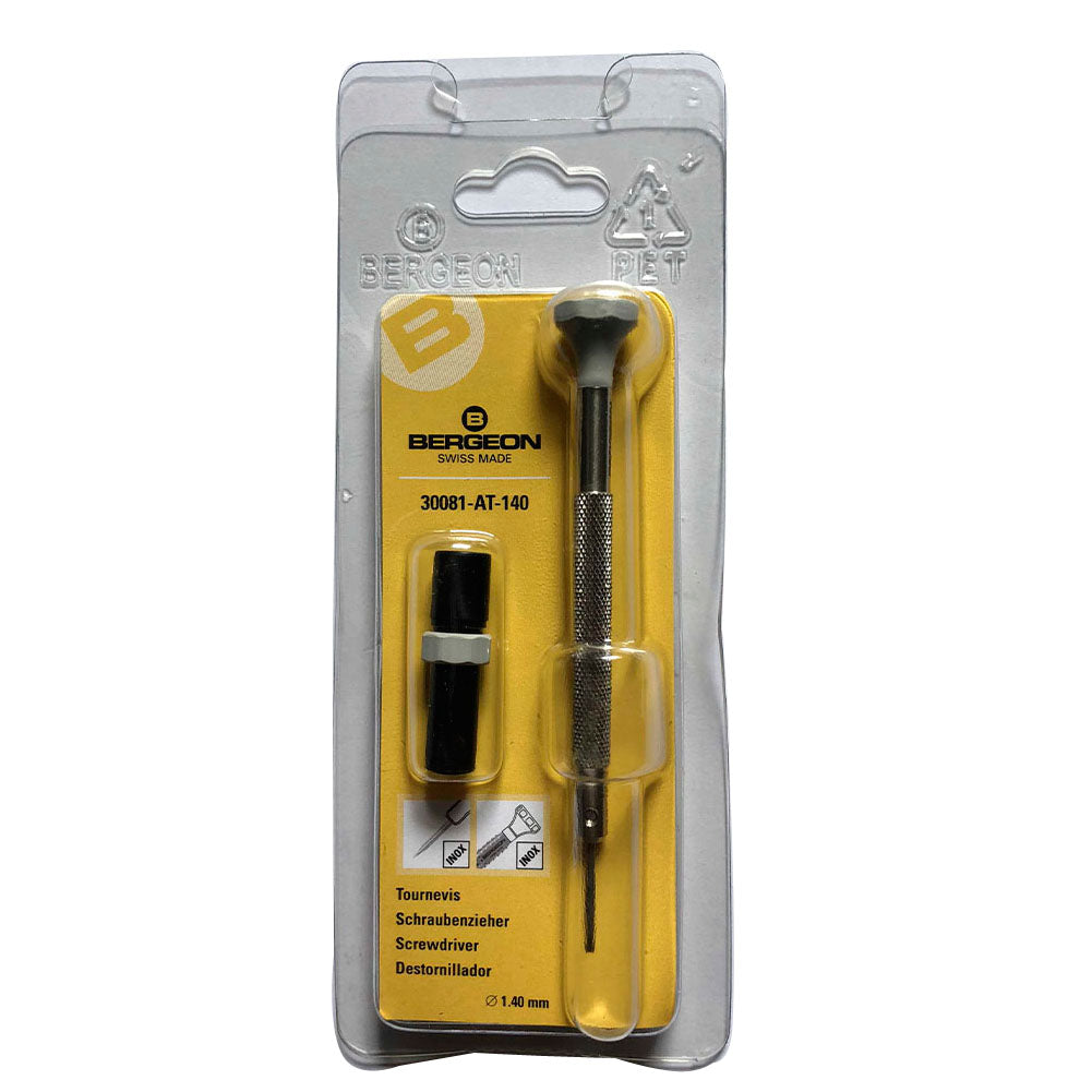 Bergeon 30081-AT-140 ergonomic screwdriver 1.40mm with spare blades for precise watch repair.