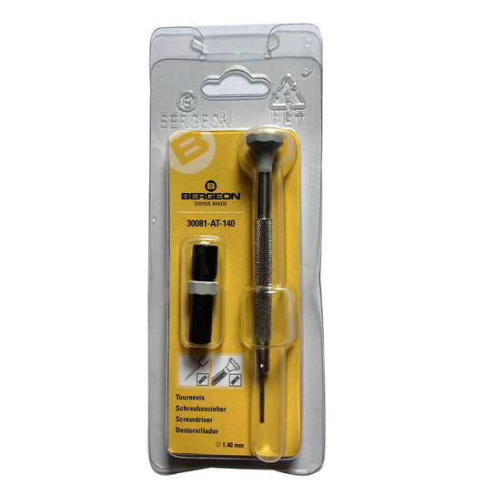 Bergeon 30081-AT-140 ergonomic screwdriver 1.40mm with spare blades for precise watch repair.