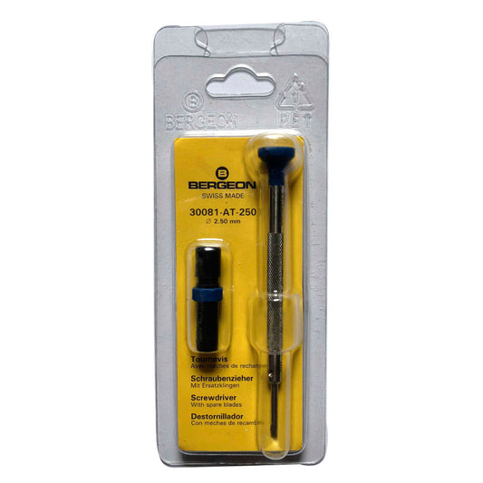 Bergeon 30081-AT-250 ergonomic 2.50mm screwdriver with spare blades for precise watch repair.