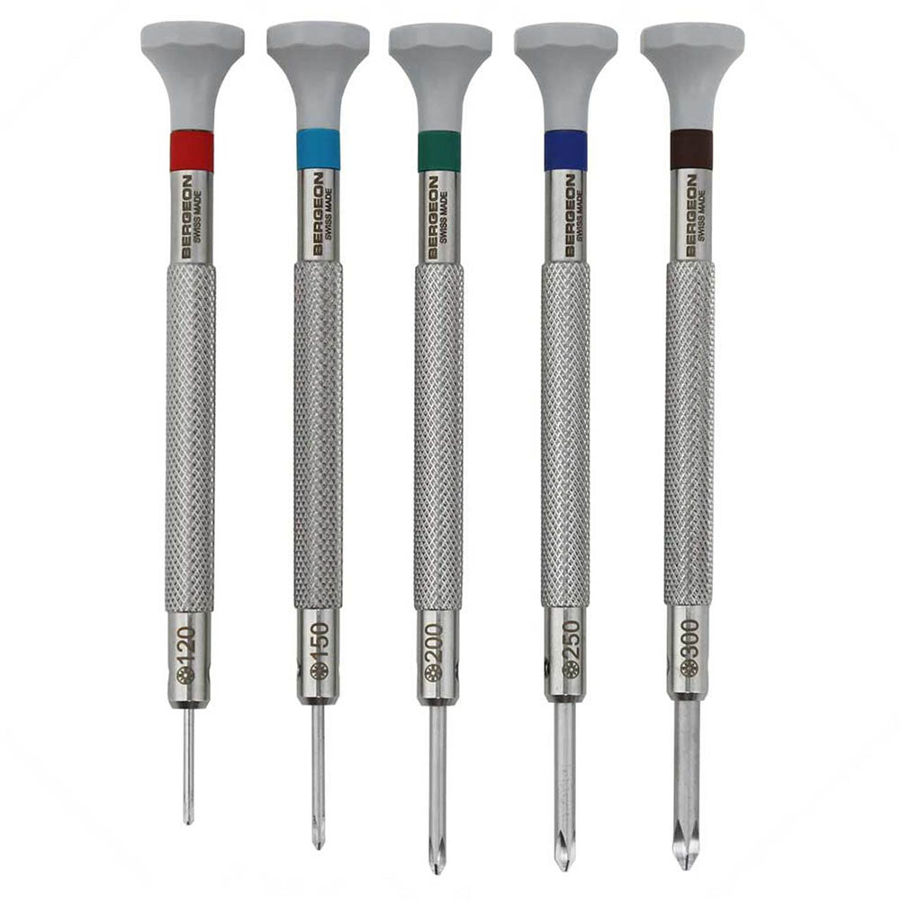 Bergeon 30081-C Phillips ergonomic screwdriver set, 5 sizes for precise watch repair tasks.