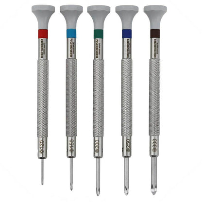 Bergeon 30081-C Phillips ergonomic screwdriver set, 5 sizes for precise watch repair tasks.