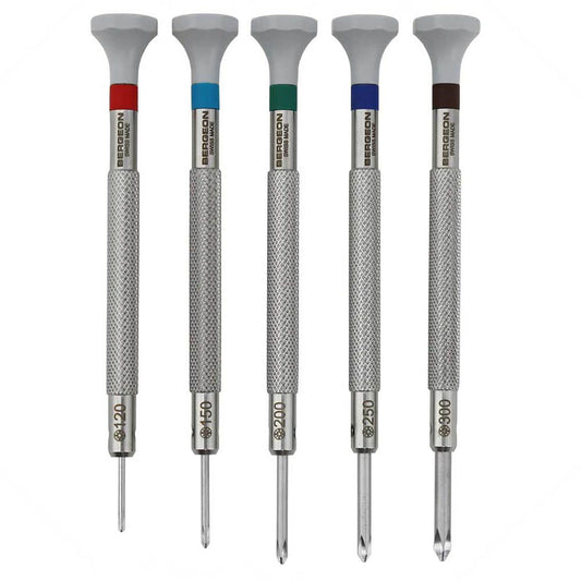 Bergeon 30081-C Phillips ergonomic screwdriver set, 5 sizes for precise watch repair tasks.