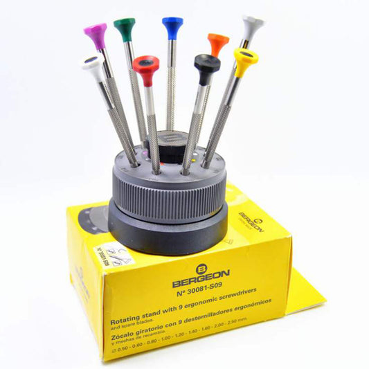 Bergeon 30081-S09 stainless steel screwdriver set with rotating stand for precise watch repairs