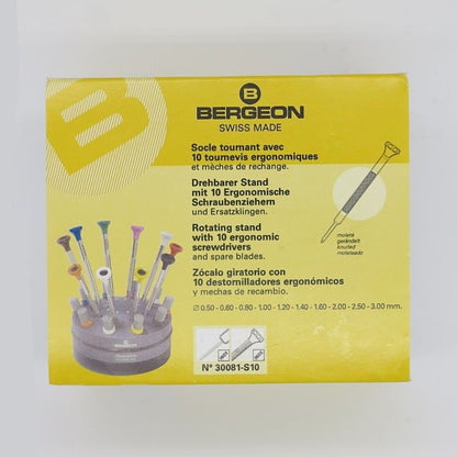 Bergeon 30081-S10 ergonomic watchmakers screwdriver set with rotating stand for precise watch repairs.