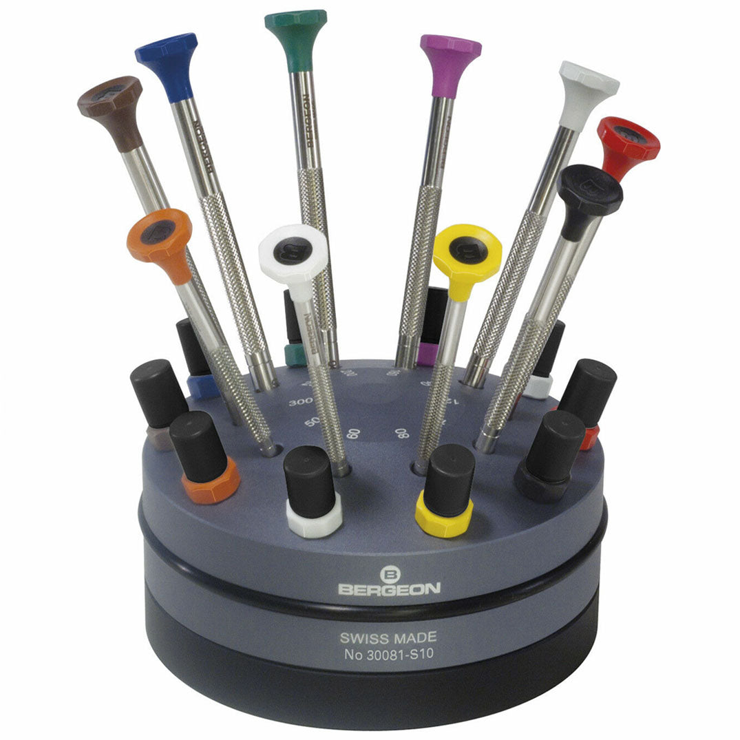 Bergeon 30081-S10 ergonomic watchmakers screwdrivers set with rotating stand for precision watch repair and maintenance.